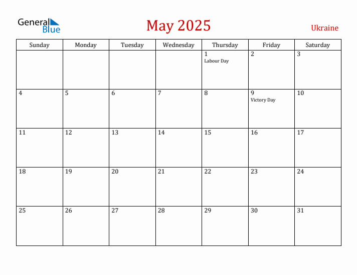 Ukraine May 2025 Calendar - Sunday Start