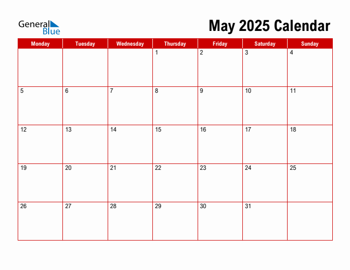 Simple Monthly Calendar - May 2025