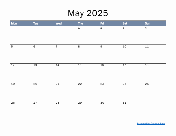 May 2025 Simple Month Calendar Template