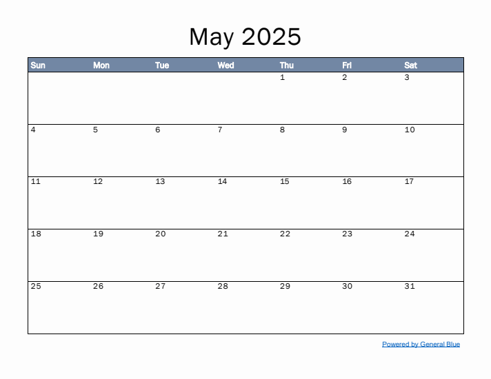 May 2025 Simple Month Calendar Template