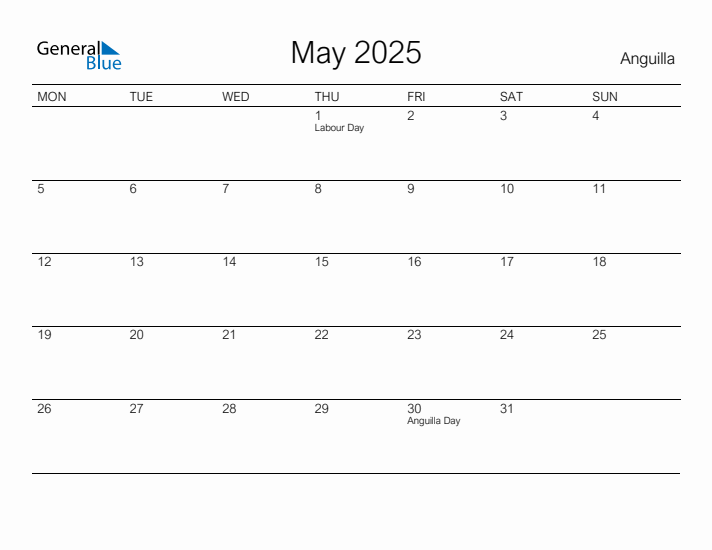 Printable May 2025 Calendar for Anguilla