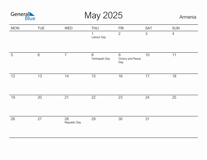 Printable May 2025 Calendar for Armenia