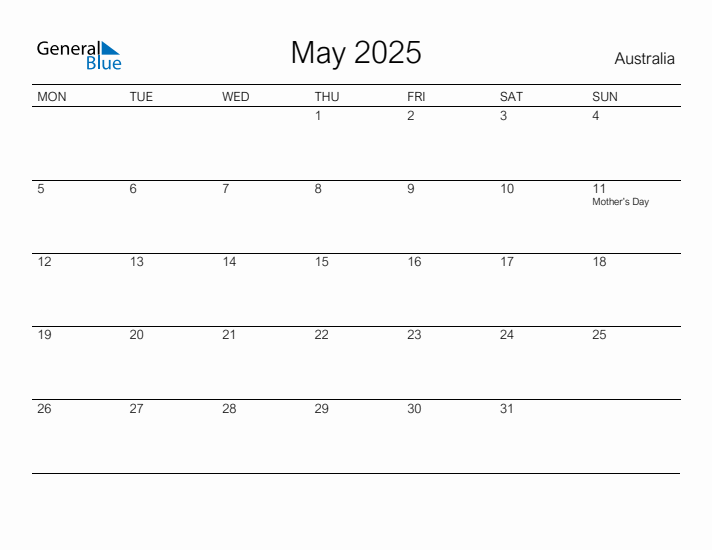 Printable May 2025 Calendar for Australia