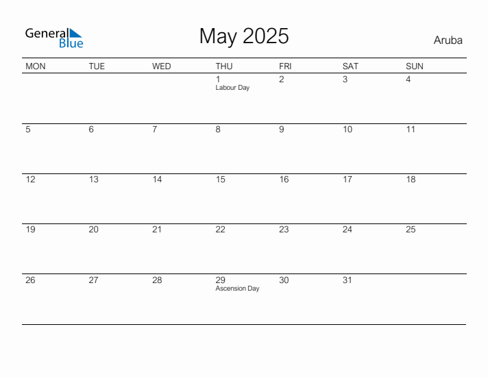 Printable May 2025 Calendar for Aruba