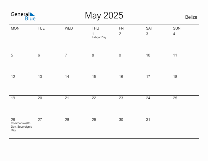 Printable May 2025 Calendar for Belize