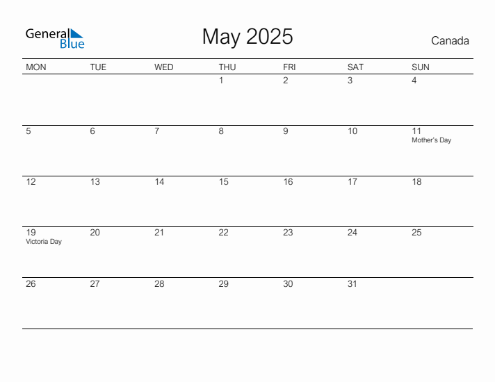 Printable May 2025 Calendar for Canada