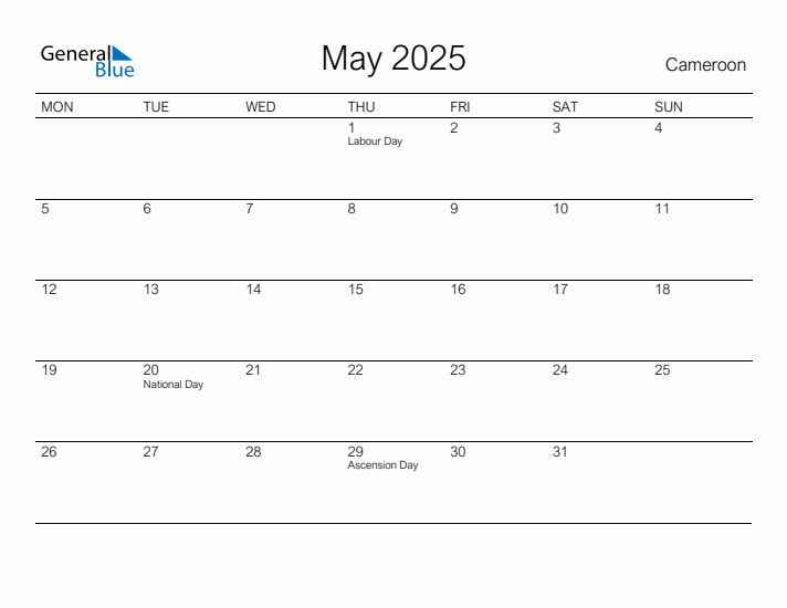 Printable May 2025 Calendar for Cameroon