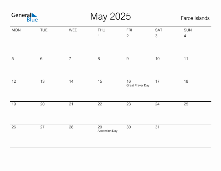 Printable May 2025 Calendar for Faroe Islands