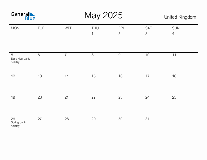 Printable May 2025 Calendar for United Kingdom