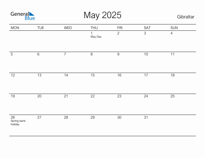 Printable May 2025 Calendar for Gibraltar