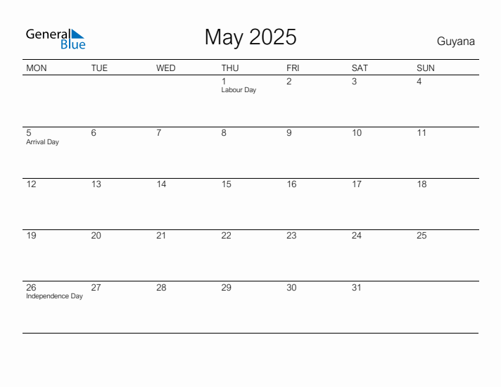 Printable May 2025 Calendar for Guyana