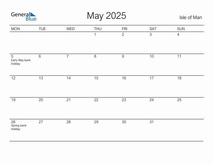 Printable May 2025 Calendar for Isle of Man