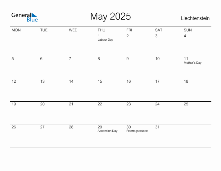 Printable May 2025 Calendar for Liechtenstein