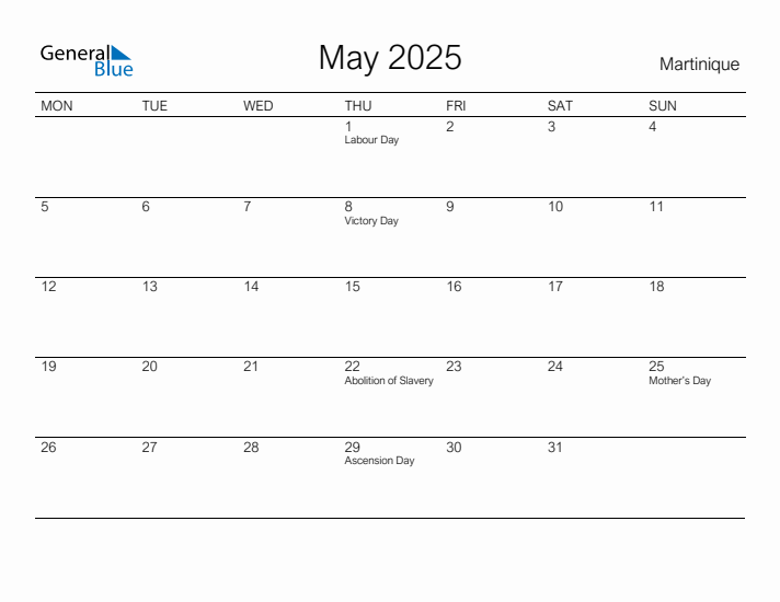 Printable May 2025 Calendar for Martinique