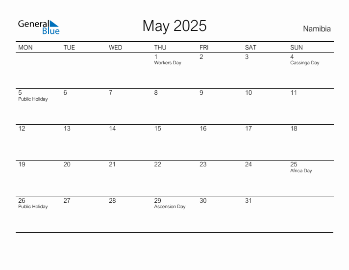 Printable May 2025 Calendar for Namibia