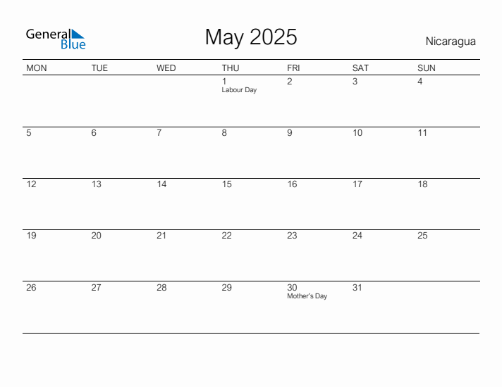 Printable May 2025 Calendar for Nicaragua