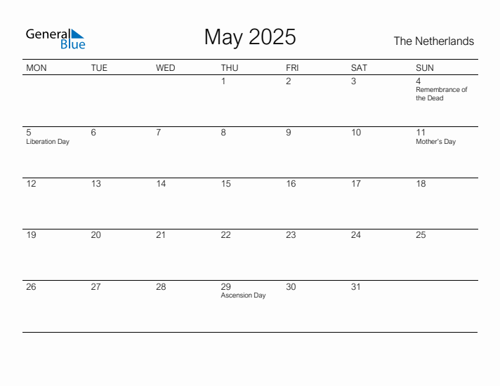 Printable May 2025 Calendar for The Netherlands