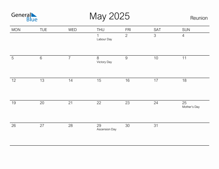 Printable May 2025 Calendar for Reunion