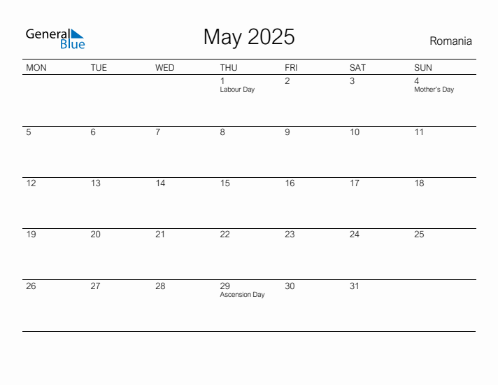 Printable May 2025 Calendar for Romania