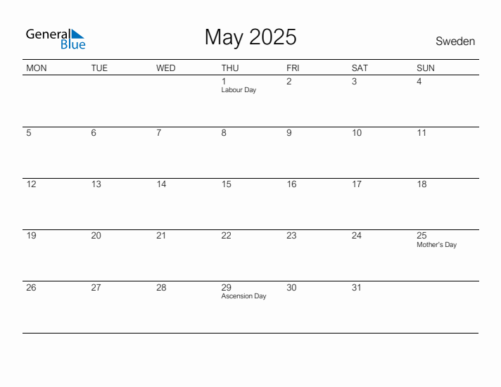 Printable May 2025 Calendar for Sweden