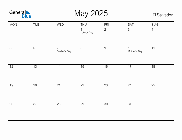 Printable May 2025 Calendar for El Salvador