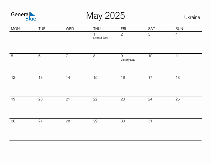 Printable May 2025 Calendar for Ukraine