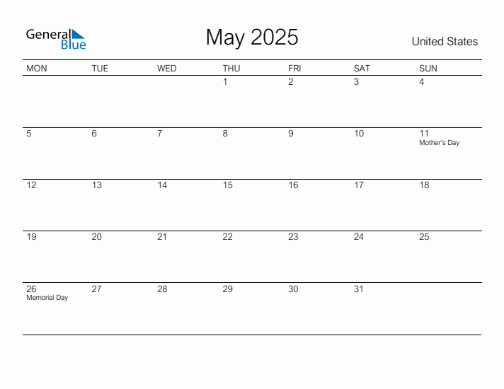 Printable May 2025 Calendar for United States