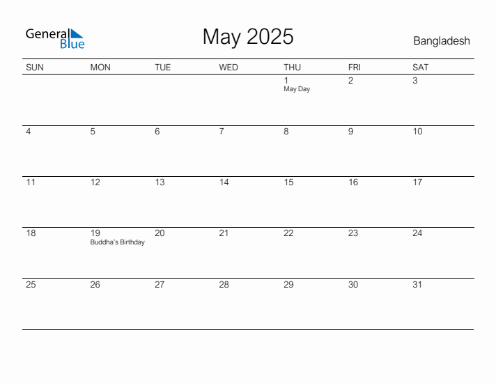 Printable May 2025 Calendar for Bangladesh