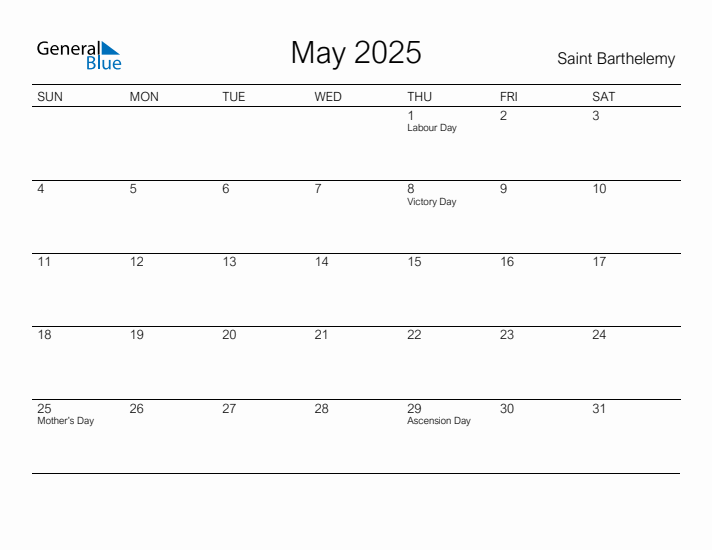 Printable May 2025 Calendar for Saint Barthelemy