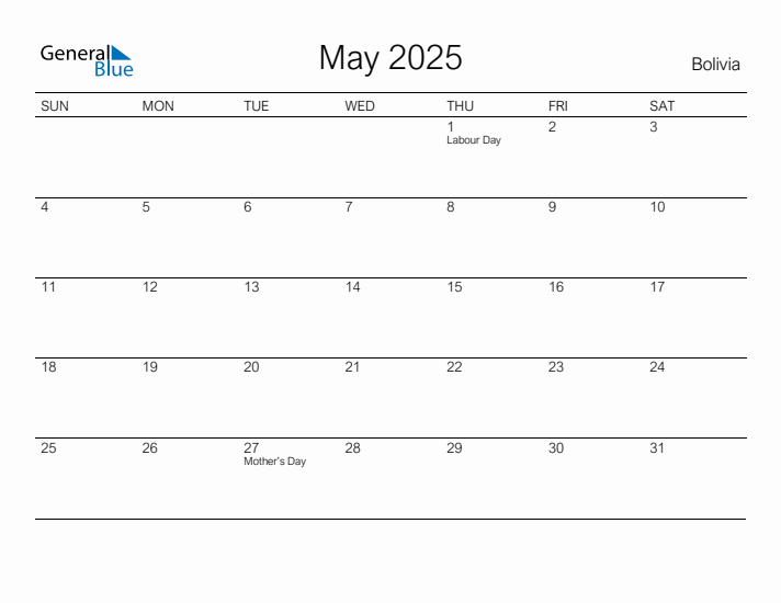 Printable May 2025 Calendar for Bolivia