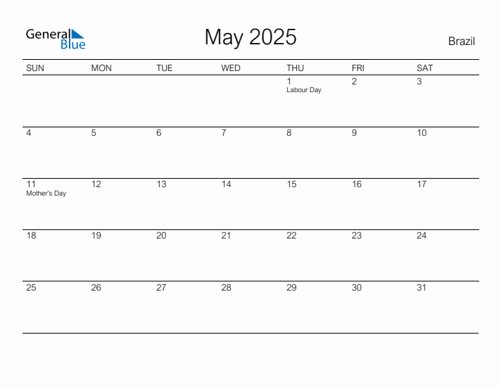 Printable May 2025 Calendar for Brazil