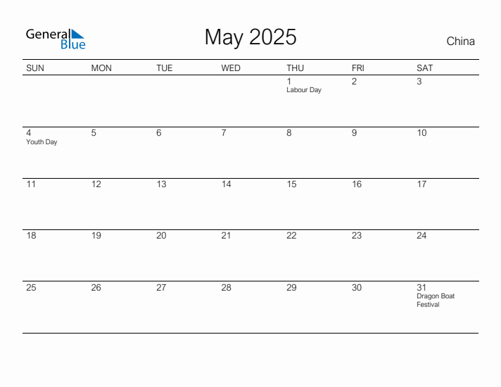 Printable May 2025 Calendar for China