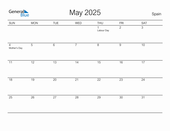 Printable May 2025 Calendar for Spain