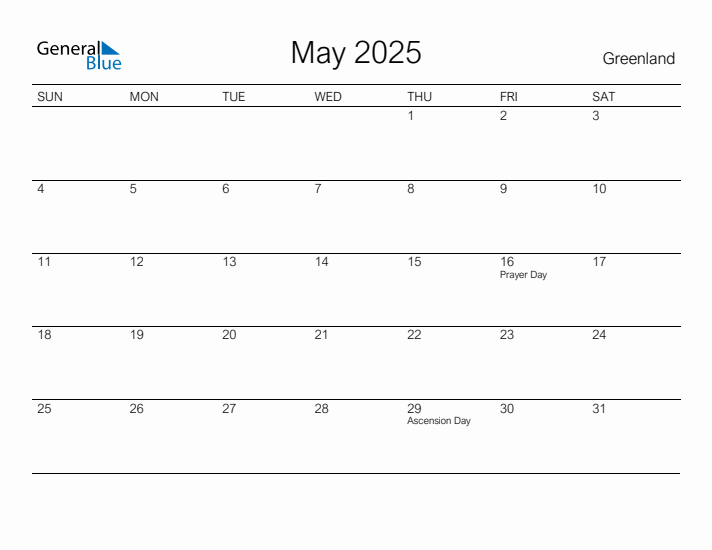 Printable May 2025 Calendar for Greenland