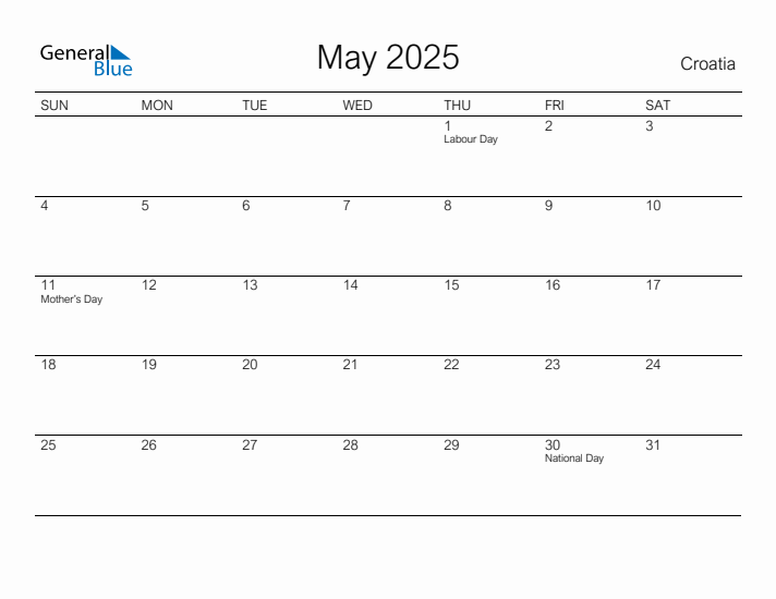 Printable May 2025 Calendar for Croatia