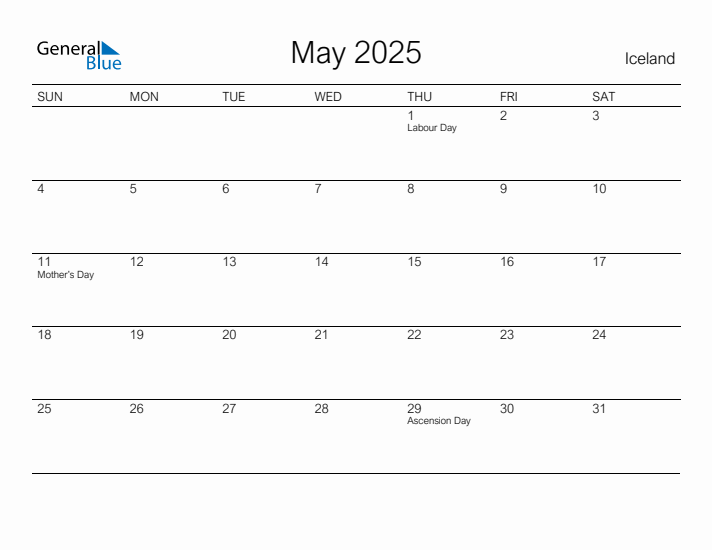 Printable May 2025 Calendar for Iceland