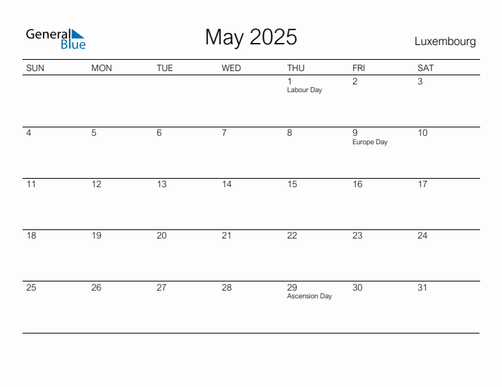 Printable May 2025 Calendar for Luxembourg