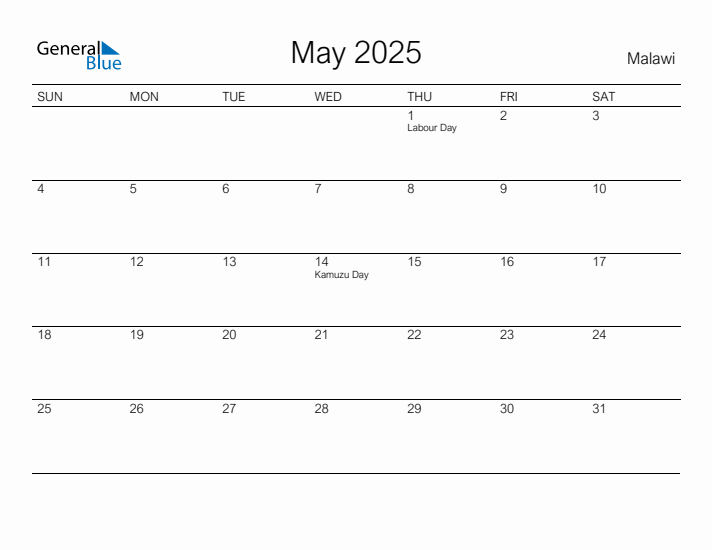 Printable May 2025 Calendar for Malawi