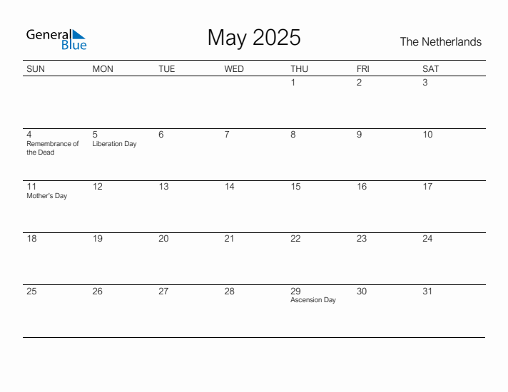 Printable May 2025 Calendar for The Netherlands