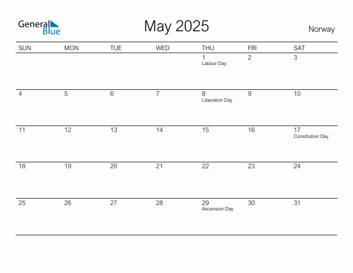 Printable May 2025 Calendar for Norway