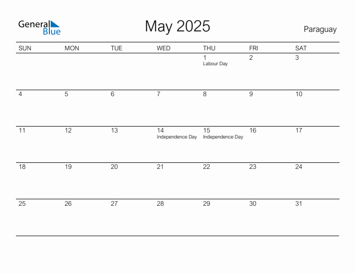 Printable May 2025 Calendar for Paraguay