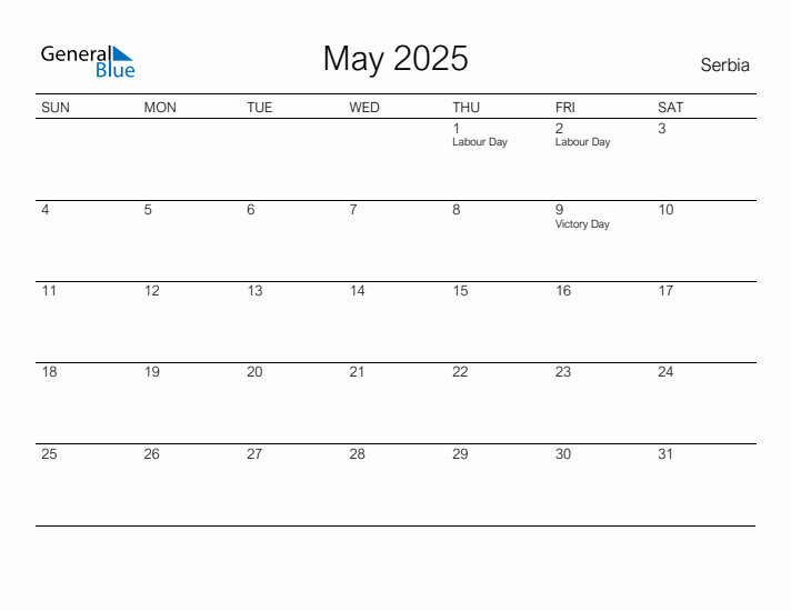 Printable May 2025 Calendar for Serbia