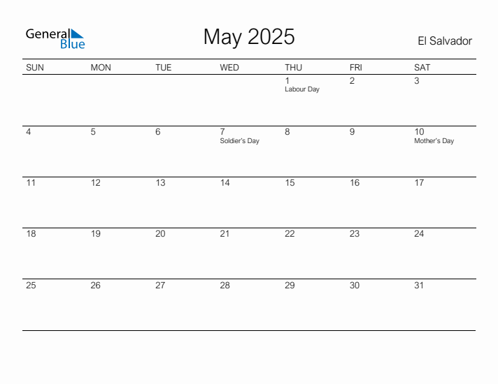 Printable May 2025 Calendar for El Salvador