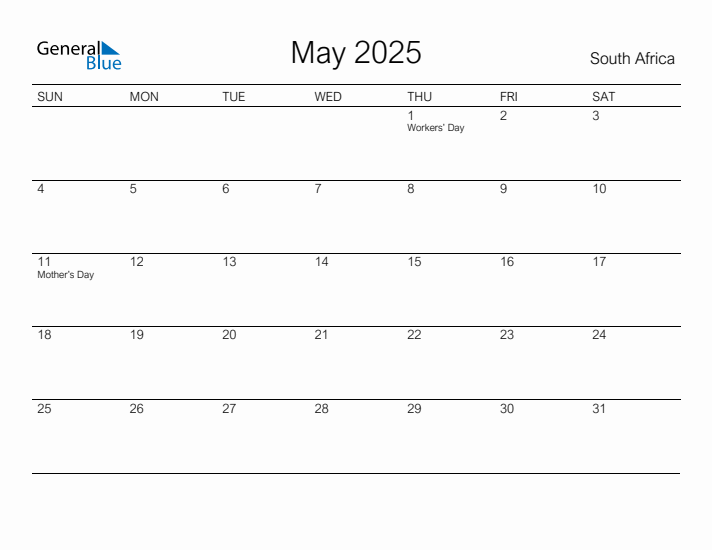 Printable May 2025 Calendar for South Africa