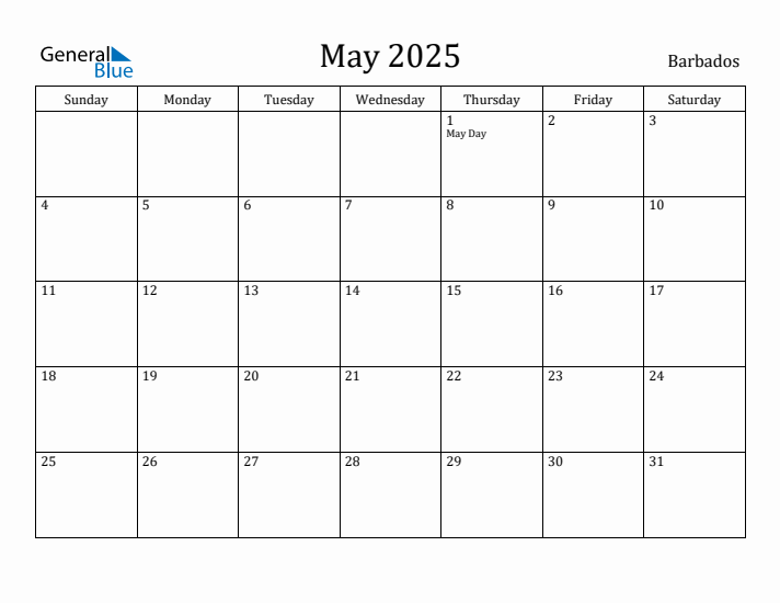 May 2025 Calendar Barbados