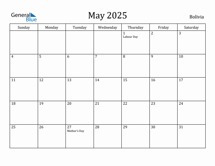 May 2025 Calendar Bolivia