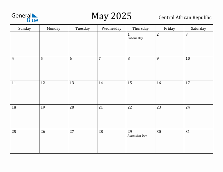 May 2025 Calendar Central African Republic