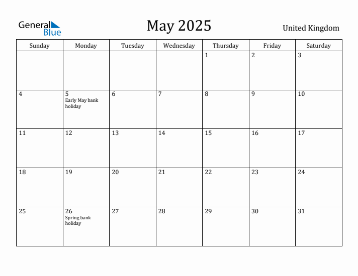 May 2025 Calendar United Kingdom