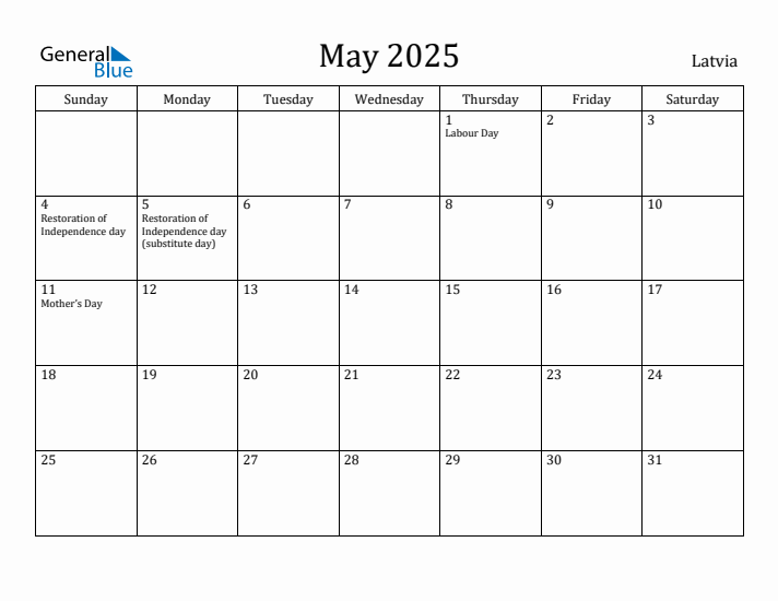 May 2025 Calendar Latvia