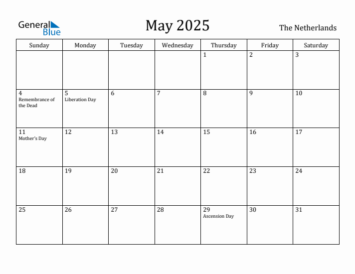 May 2025 Calendar The Netherlands